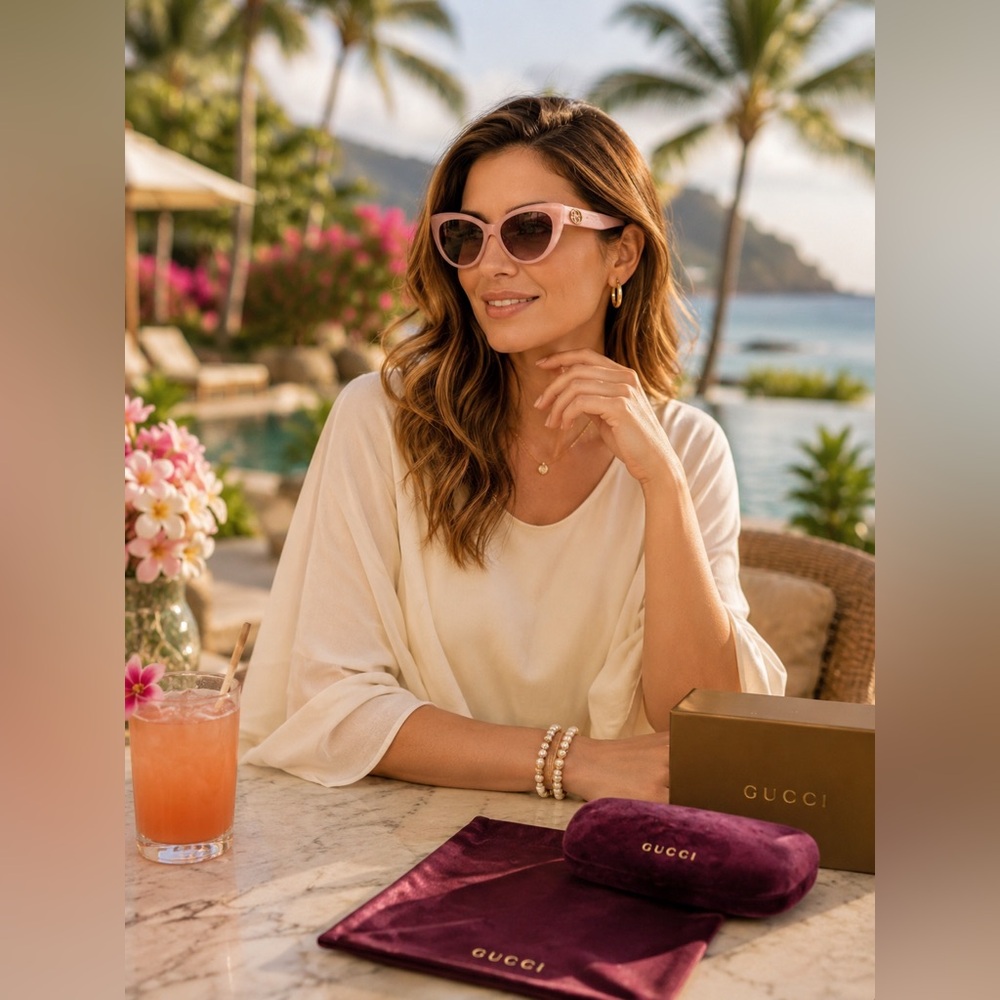 Gucci Light Pink Cat-Eye Sunglasses with Gold Logo - Never been worn
